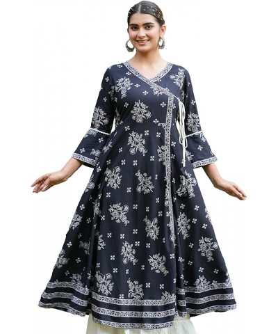 Women's Rayon Floral Print Angrakha kurta Black $15.07 Tops