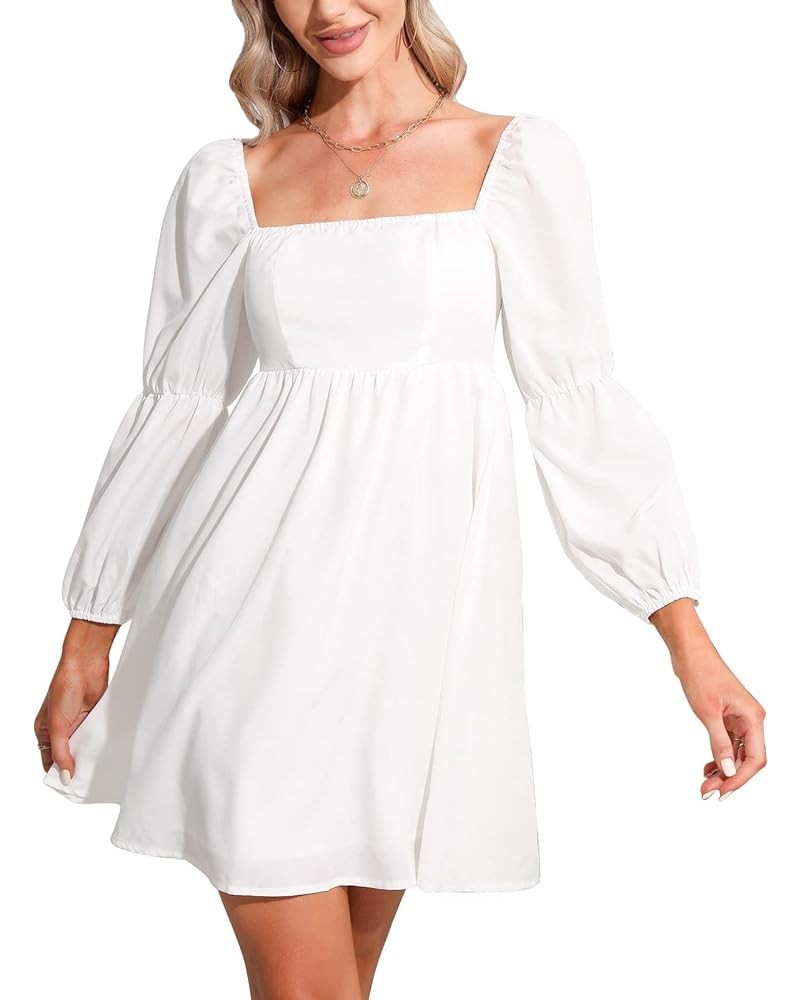 Womens Mini Dresses Casual Long Puff Sleeve Square Neck High Waist Dress White $21.82 Dresses