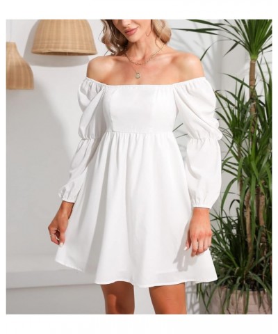 Womens Mini Dresses Casual Long Puff Sleeve Square Neck High Waist Dress White $21.82 Dresses