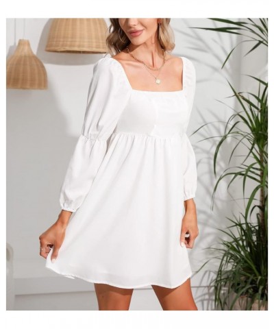 Womens Mini Dresses Casual Long Puff Sleeve Square Neck High Waist Dress White $21.82 Dresses