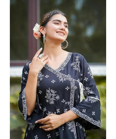 Women's Rayon Floral Print Angrakha kurta Black $15.07 Tops