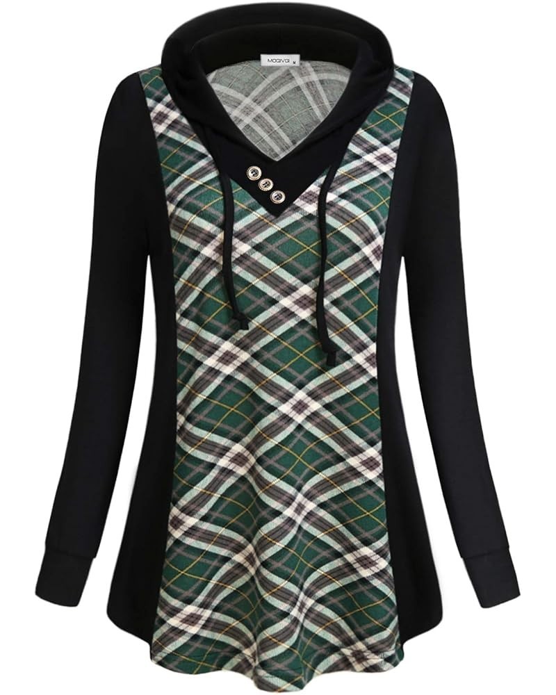 Women's Sweatshirts Long Sleeve Plaid Drawstring Color Block Pullover Hoodies Green $8.54 Hoodies & Sweatshirts