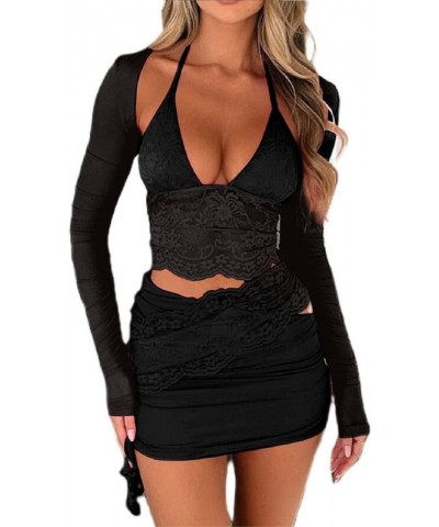 Women Y2K Ruffle 2 Piece Skirt Set See Through Lace Crop Top Bodycon Mini Skirt Going Out Outfit Matching Sets B2-halter Blac...