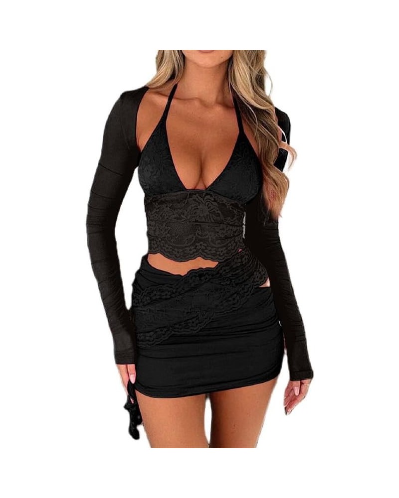 Women Y2K Ruffle 2 Piece Skirt Set See Through Lace Crop Top Bodycon Mini Skirt Going Out Outfit Matching Sets B2-halter Blac...