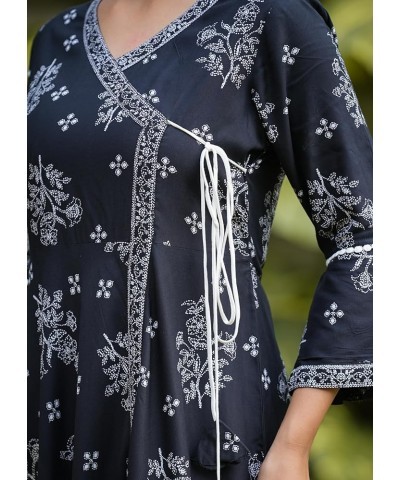 Women's Rayon Floral Print Angrakha kurta Black $15.07 Tops