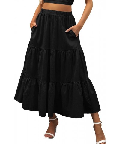 Women's Summer Boho Pleated Skirt Elastic Waist A-Line Skirt Flowy Swing Tiered Long Beach Skirt with Pockets Black-b $7.86 S...