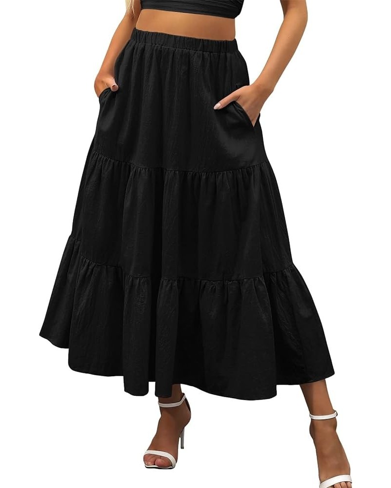 Women's Summer Boho Pleated Skirt Elastic Waist A-Line Skirt Flowy Swing Tiered Long Beach Skirt with Pockets Black-b $7.86 S...