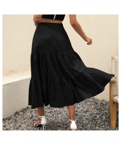 Women's Summer Boho Pleated Skirt Elastic Waist A-Line Skirt Flowy Swing Tiered Long Beach Skirt with Pockets Black-b $7.86 S...