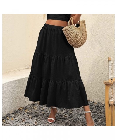 Women's Summer Boho Pleated Skirt Elastic Waist A-Line Skirt Flowy Swing Tiered Long Beach Skirt with Pockets Black-b $7.86 S...