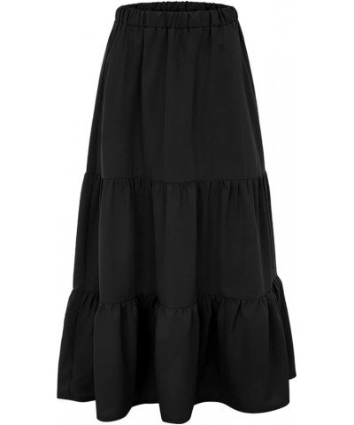 Women's Summer Boho Pleated Skirt Elastic Waist A-Line Skirt Flowy Swing Tiered Long Beach Skirt with Pockets Black-b $7.86 S...