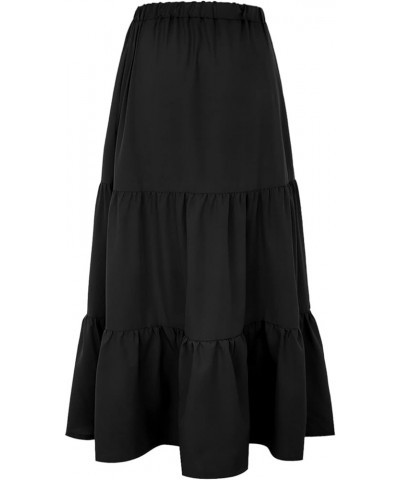 Women's Summer Boho Pleated Skirt Elastic Waist A-Line Skirt Flowy Swing Tiered Long Beach Skirt with Pockets Black-b $7.86 S...