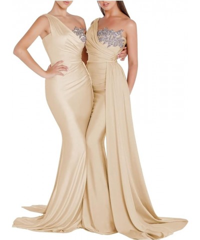 One Shoulder Bridesmaid Dresses for Wedding Satin Mermaid Prom Dress Bodycon Formal Evening Gowns Light Champagne $33.11 Dresses