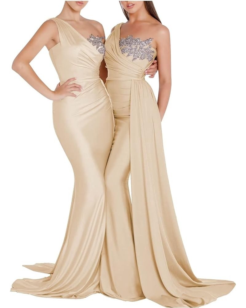 One Shoulder Bridesmaid Dresses for Wedding Satin Mermaid Prom Dress Bodycon Formal Evening Gowns Light Champagne $33.11 Dresses