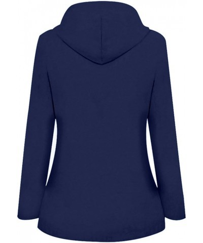 Women's Solid Color Fashion Casual Coat Full Zip Button Double Pocket Drawstring Hooded Coat Lightweight Tunic Top 1-dark Blu...