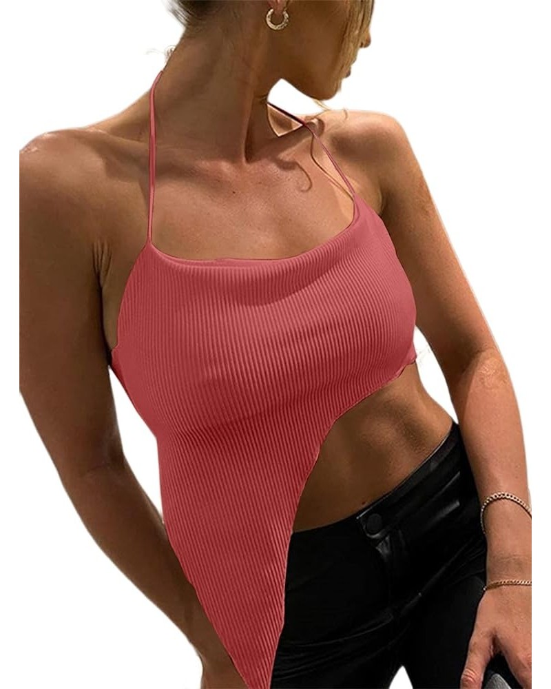 Women's Sexy Halter Crop Top Asymmetrical Hem Ribbed Knit Cami Tank Tops A-orange $8.09 Tanks