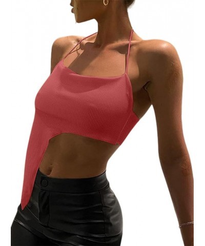 Women's Sexy Halter Crop Top Asymmetrical Hem Ribbed Knit Cami Tank Tops A-orange $8.09 Tanks