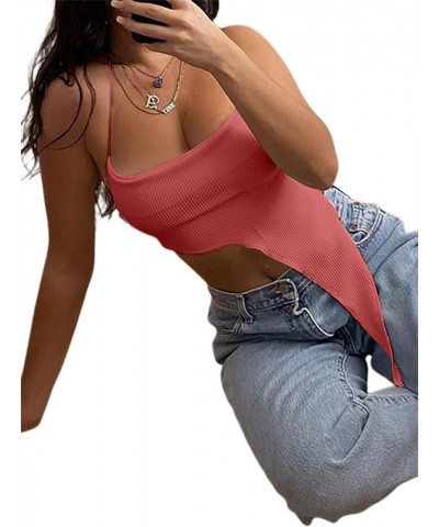 Women's Sexy Halter Crop Top Asymmetrical Hem Ribbed Knit Cami Tank Tops A-orange $8.09 Tanks