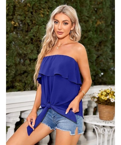 Womens Ruffles Tie Front Blouse Chiffon Strapless Tiered Tube Tops Shirts Blue $15.36 Blouses