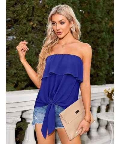 Womens Ruffles Tie Front Blouse Chiffon Strapless Tiered Tube Tops Shirts Blue $15.36 Blouses