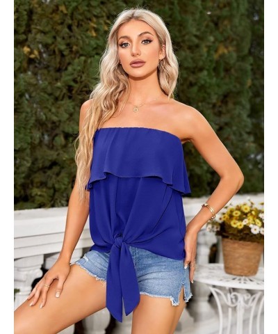 Womens Ruffles Tie Front Blouse Chiffon Strapless Tiered Tube Tops Shirts Blue $15.36 Blouses