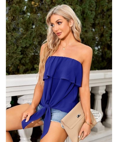 Womens Ruffles Tie Front Blouse Chiffon Strapless Tiered Tube Tops Shirts Blue $15.36 Blouses