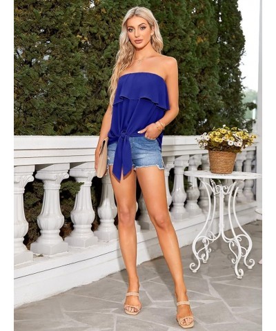 Womens Ruffles Tie Front Blouse Chiffon Strapless Tiered Tube Tops Shirts Blue $15.36 Blouses