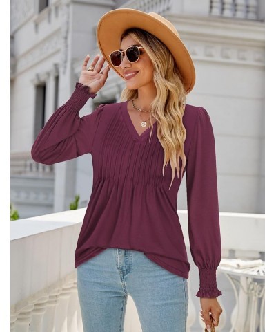 Misyula Womens V Neck Puff Long Sleeve Shirts Dressy Casual Pleated Tunic Blouses Fall Tops S-XXL Purple-red $12.09 Tops