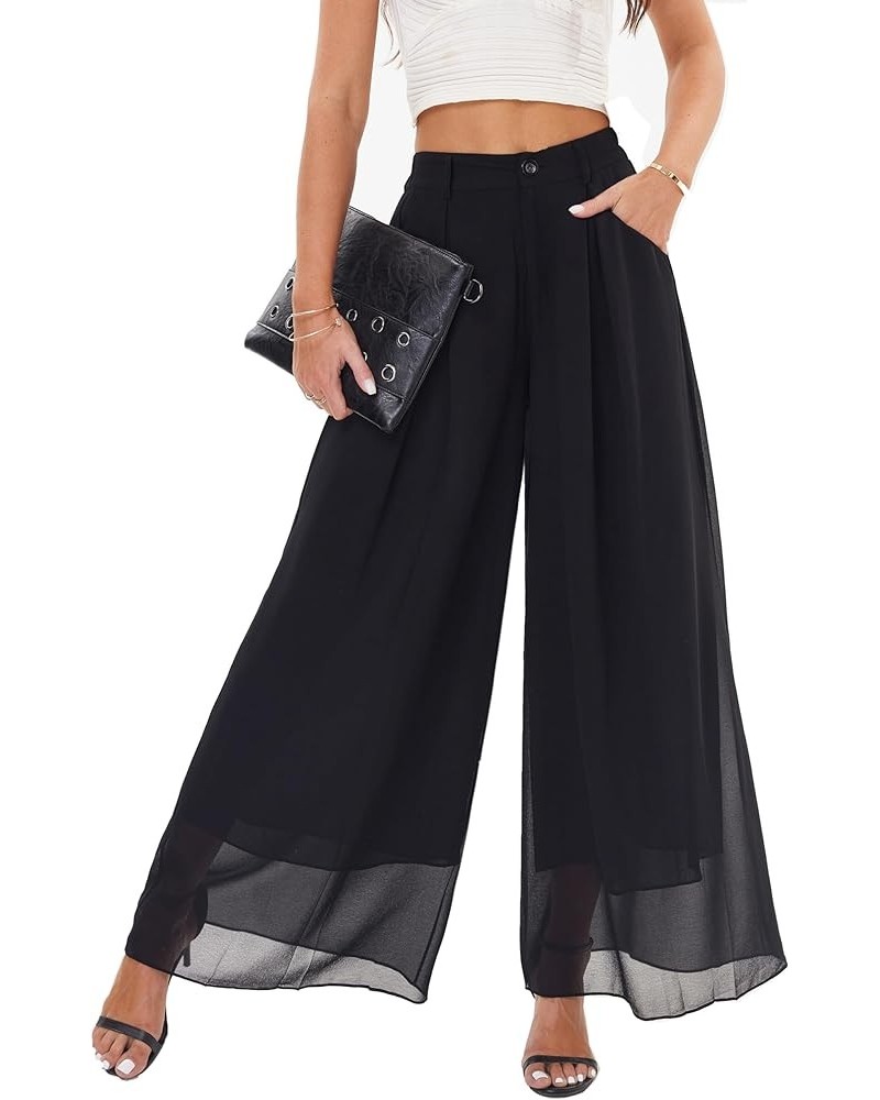 Women's Chiffon Wide Leg Palazzo Pants Flowy Casual Beach Party Dress Long Pants Trouser Black $16.80 Pants