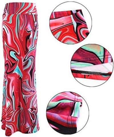 Women Floral Print High Elastic Waist Maxi Long Skirt Summer Straight Full Skirt Floral Red $11.95 Skirts