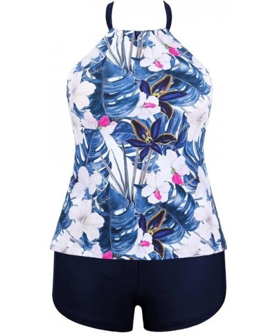 Women's Two Piece Swimsuit V Neck Tankini Bathing Suit for Big Bust Plus Size Swimwear with Boy Short Blue & White Floral $13...