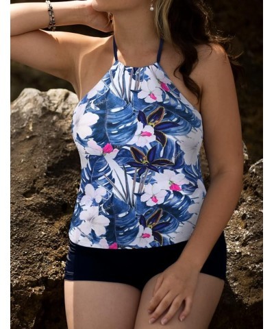 Women's Two Piece Swimsuit V Neck Tankini Bathing Suit for Big Bust Plus Size Swimwear with Boy Short Blue & White Floral $13...