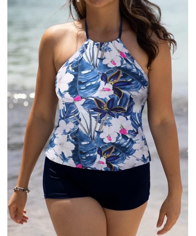 Women's Two Piece Swimsuit V Neck Tankini Bathing Suit for Big Bust Plus Size Swimwear with Boy Short Blue & White Floral $13...