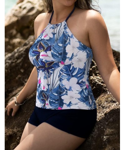 Women's Two Piece Swimsuit V Neck Tankini Bathing Suit for Big Bust Plus Size Swimwear with Boy Short Blue & White Floral $13...