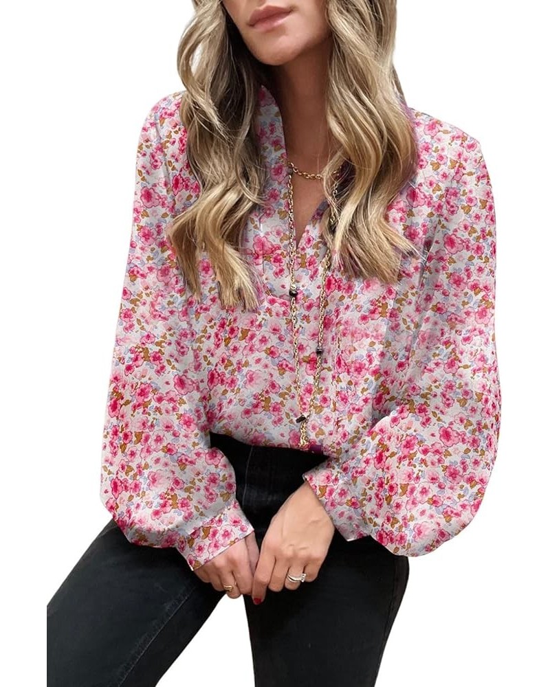 Women's Casual Boho Abstract Print V Neck Lantern Long Sleeve Tops Loose Blouses Shirts Rosy 106 $17.81 Blouses