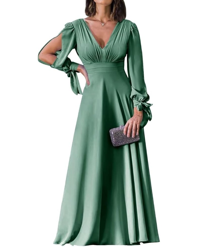 Women's Double V Neck Bridesmaid Dresses for Women Long Sleeve Chiffon Formal Wedding Party Gown with Pockets Olive $27.28 Dr...