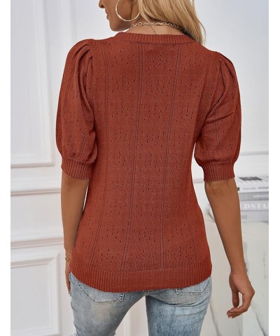 Women's 2024 Fall Puff Short Sleeve Sweater Tops Crew Neck Crochet Knit Soft Pullover Shirt Rust $23.00 Sweaters