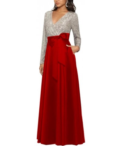 Sparkle Sequined V Neck Wedding Guest Dress for Women Long Sleeve Shine Mother of The Bride Dress with Bow LS011 Red $38.70 D...