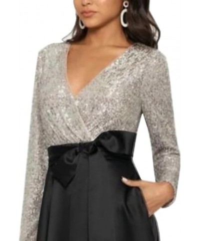 Sparkle Sequined V Neck Wedding Guest Dress for Women Long Sleeve Shine Mother of The Bride Dress with Bow LS011 Red $38.70 D...