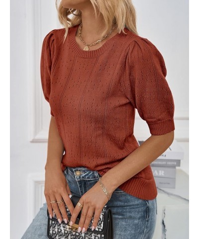 Women's 2024 Fall Puff Short Sleeve Sweater Tops Crew Neck Crochet Knit Soft Pullover Shirt Rust $23.00 Sweaters