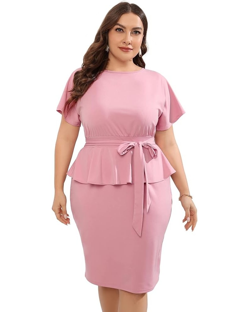 Women Plus Size Bodycon Elegant Midi Dress Peplum Business Work Office Sheath Pencil Cocktail Party Dress with Belt Pink $21....