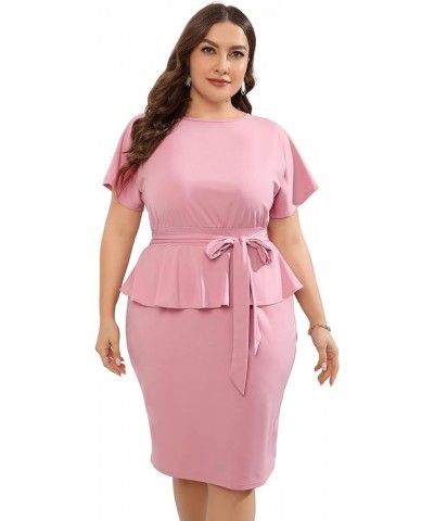 Women Plus Size Bodycon Elegant Midi Dress Peplum Business Work Office Sheath Pencil Cocktail Party Dress with Belt Pink $21....