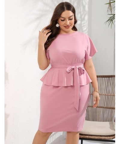 Women Plus Size Bodycon Elegant Midi Dress Peplum Business Work Office Sheath Pencil Cocktail Party Dress with Belt Pink $21....