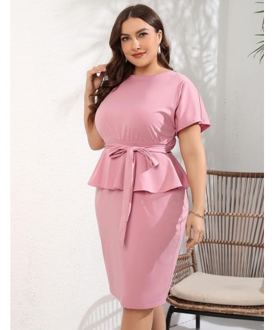 Women Plus Size Bodycon Elegant Midi Dress Peplum Business Work Office Sheath Pencil Cocktail Party Dress with Belt Pink $21....