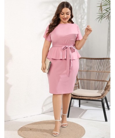 Women Plus Size Bodycon Elegant Midi Dress Peplum Business Work Office Sheath Pencil Cocktail Party Dress with Belt Pink $21....