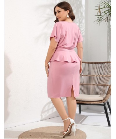 Women Plus Size Bodycon Elegant Midi Dress Peplum Business Work Office Sheath Pencil Cocktail Party Dress with Belt Pink $21....