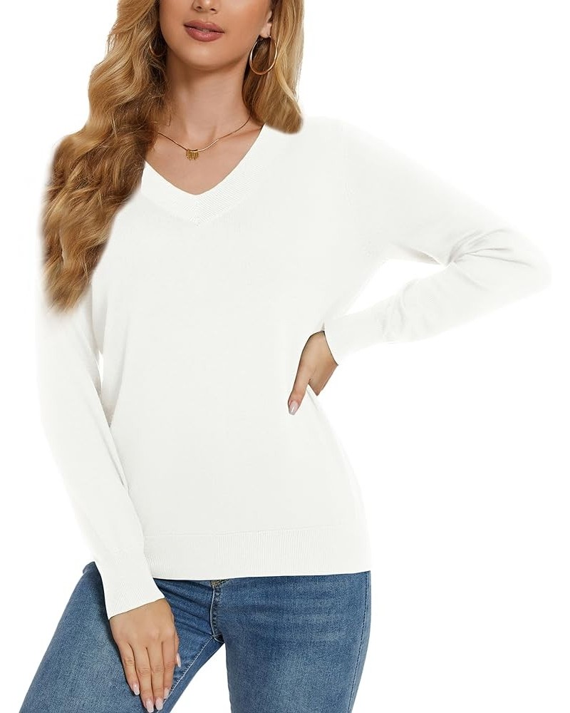 Women's Long-Sleeve Pullover Lightweight Soft V-Neck Casual Sweater Top White $15.40 Sweaters
