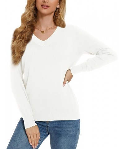 Women's Long-Sleeve Pullover Lightweight Soft V-Neck Casual Sweater Top White $15.40 Sweaters