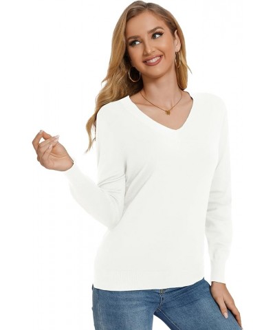 Women's Long-Sleeve Pullover Lightweight Soft V-Neck Casual Sweater Top White $15.40 Sweaters