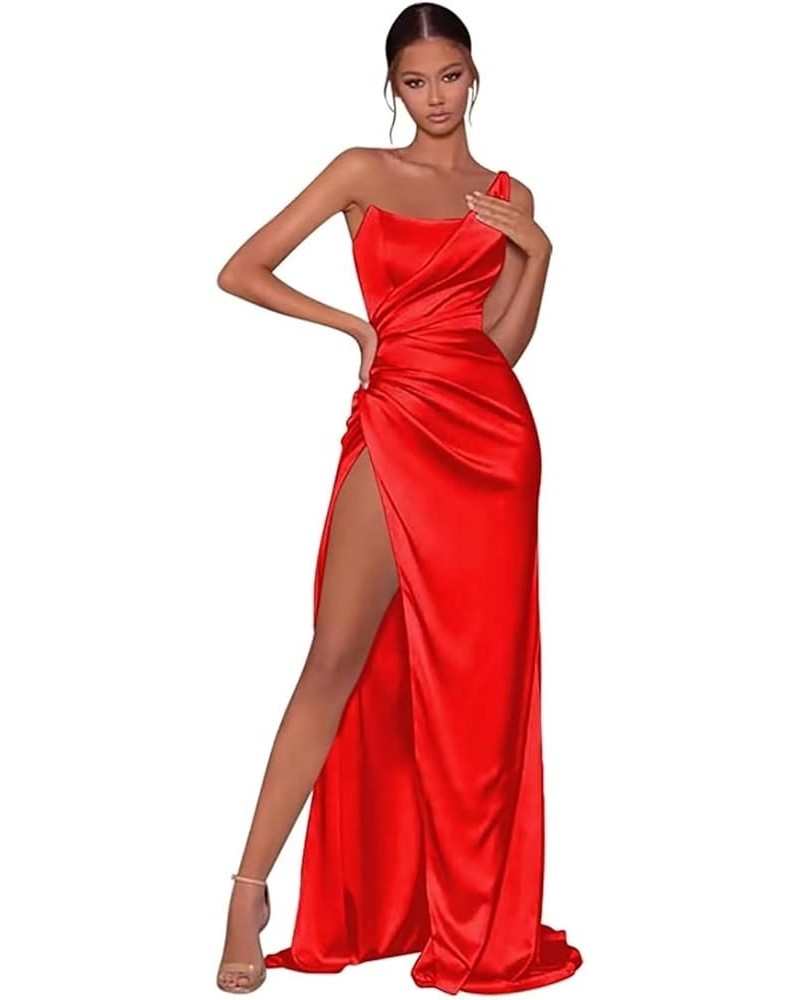 Women's One Shoulder Satin Prom Dresses Long Pleated Bridesmaid Dresses with Slit Formal Evening Gowns Red $22.00 Dresses