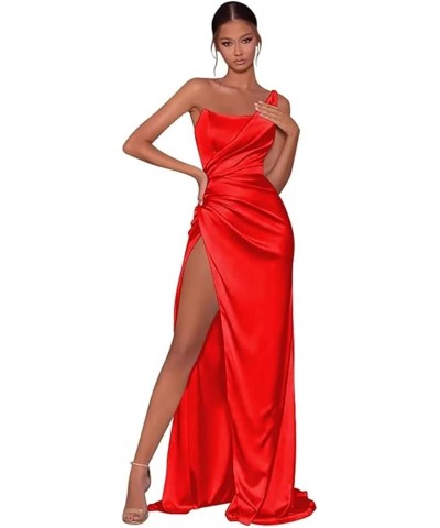 Women's One Shoulder Satin Prom Dresses Long Pleated Bridesmaid Dresses with Slit Formal Evening Gowns Red $22.00 Dresses